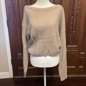 tan see thru off the shoulder knitted long sleeve